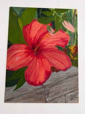 Vintage Red Hibiscus Original Floral Art Painting - Home Art Wall Decor 16”x12”
